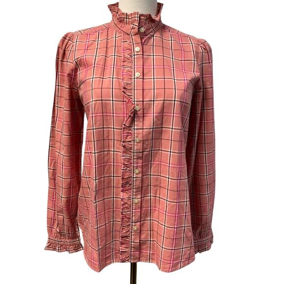Loft Plaid‎ Ruffle Button Up Blouse Pink Long Sleeve Women SP Preppy Spring New - Picture 1 of 15